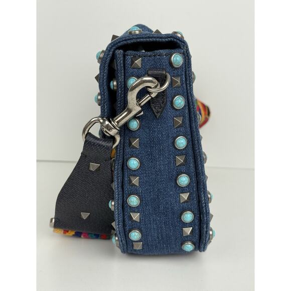 Valentino Rolling Rockstud Denim and Leather Shoulder Bag with Multicolor Strap - Picture 4 of 16